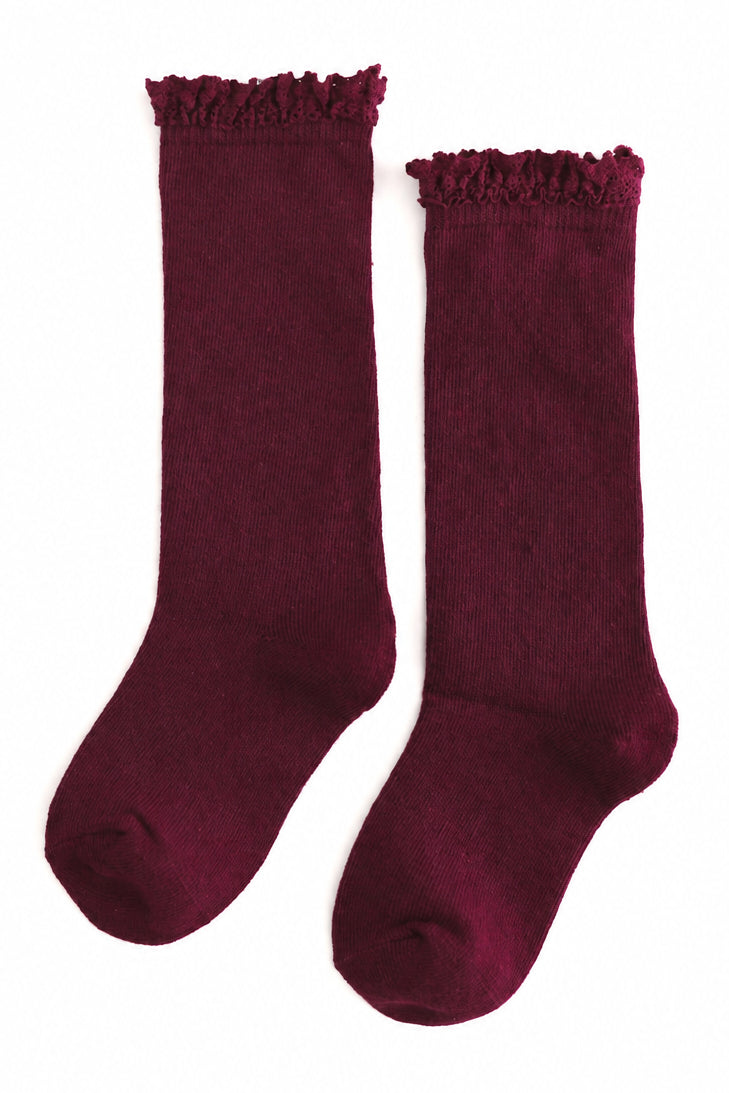 pair of girls burgundy knee high socks with lace trim