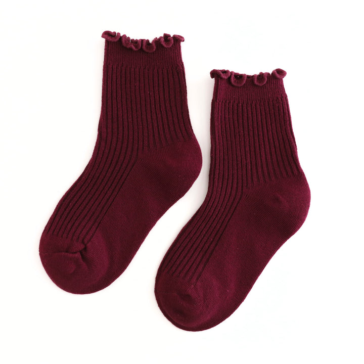 Ribbed Lettuce Trim Midi Socks - Burgundy