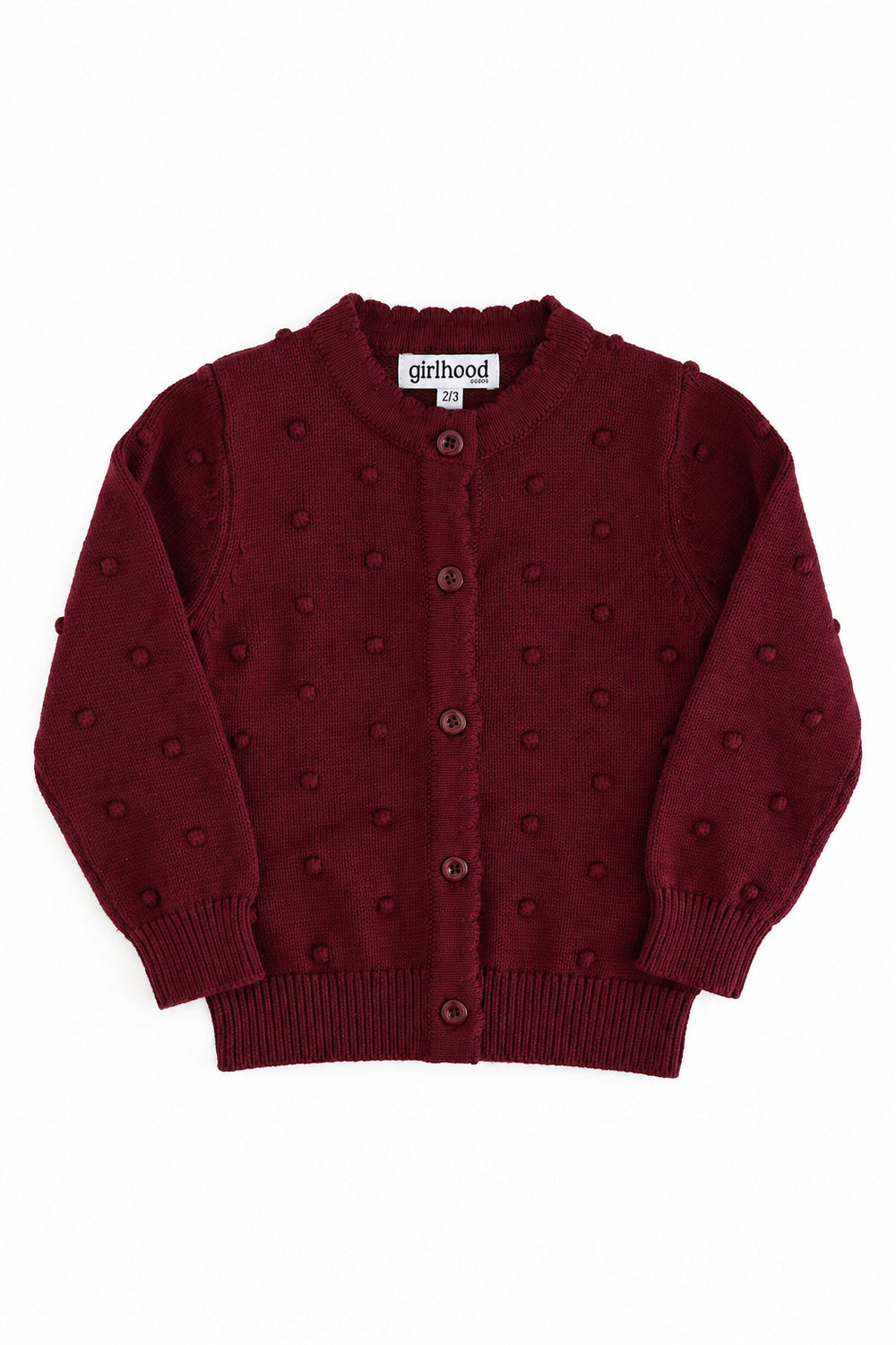 girls burgundy cotton knit cardigan with raised bubble texture, button front and scalloped placket on white background