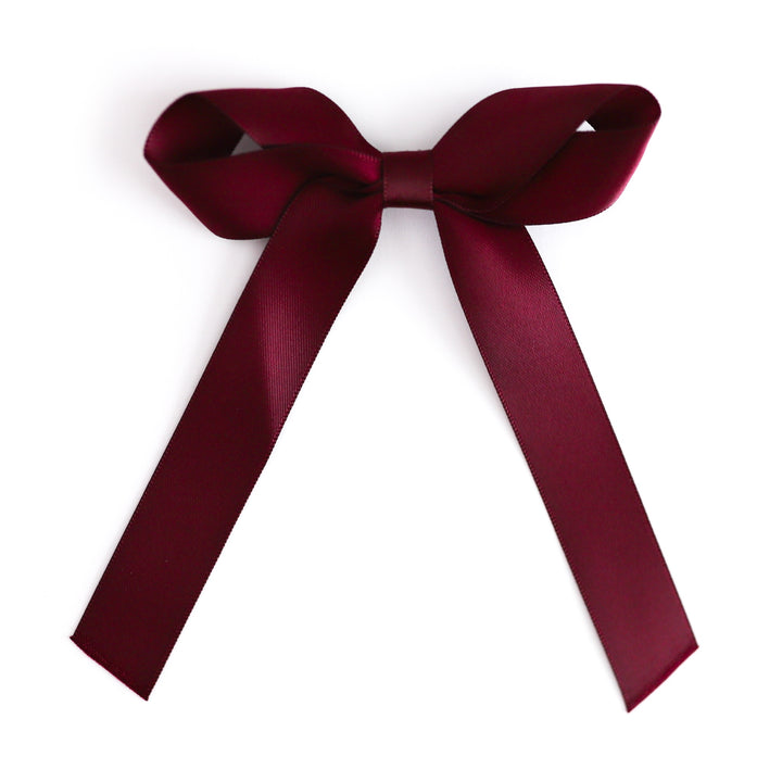 girls' satin bow on clip in burgundy