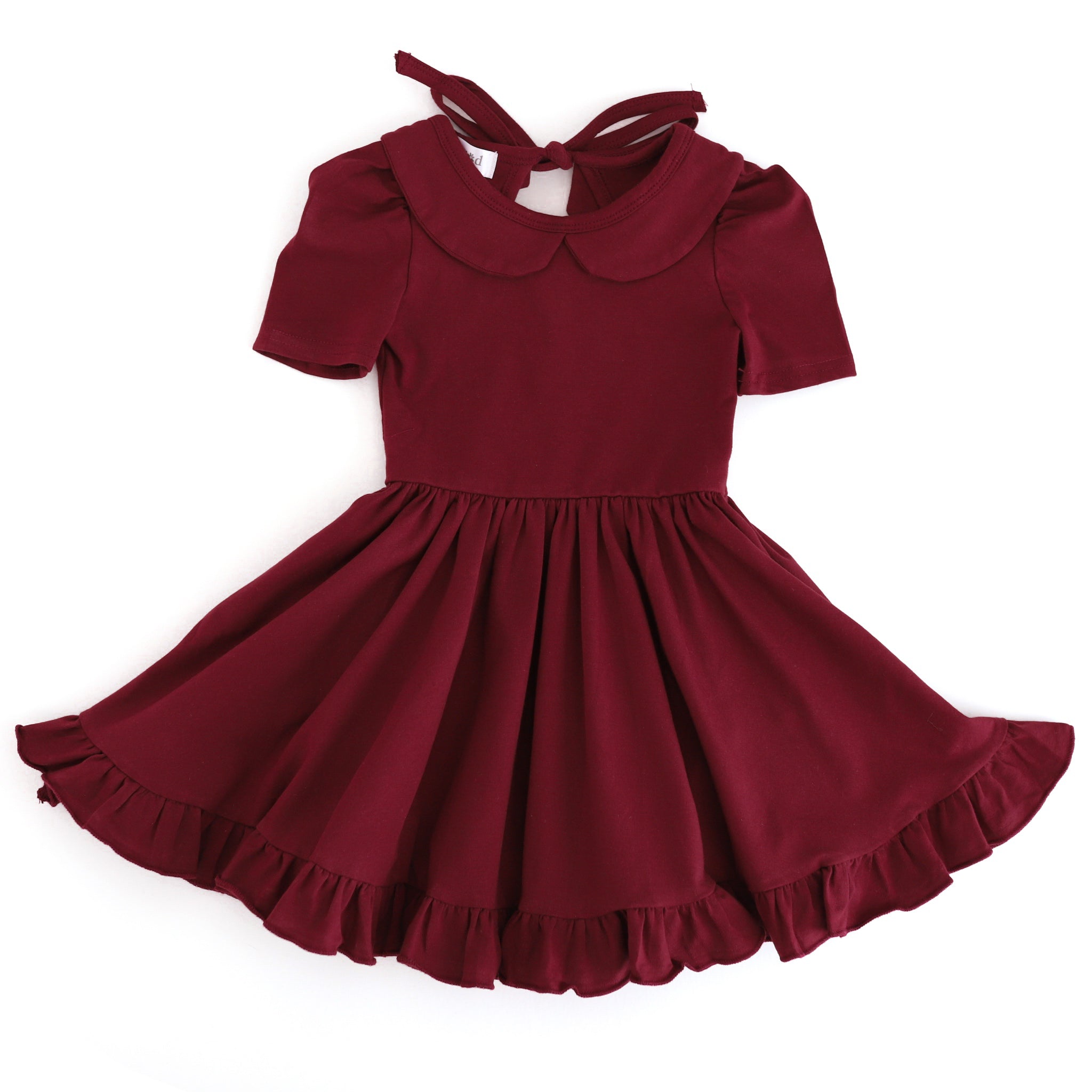 girls' short sleeve collared twirl dress in burgundy