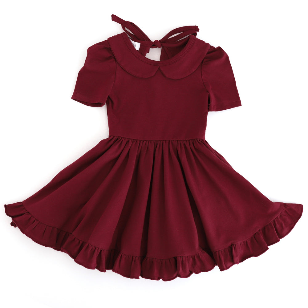 girls' short sleeve collared twirl dress in burgundy