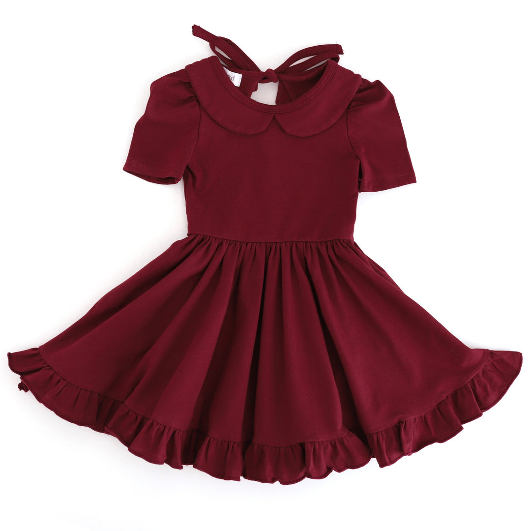 girls' short sleeve collared twirl dress in burgundy