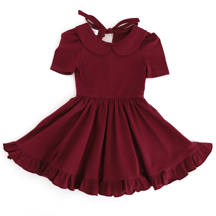 girls' short sleeve collared twirl dress in burgundy