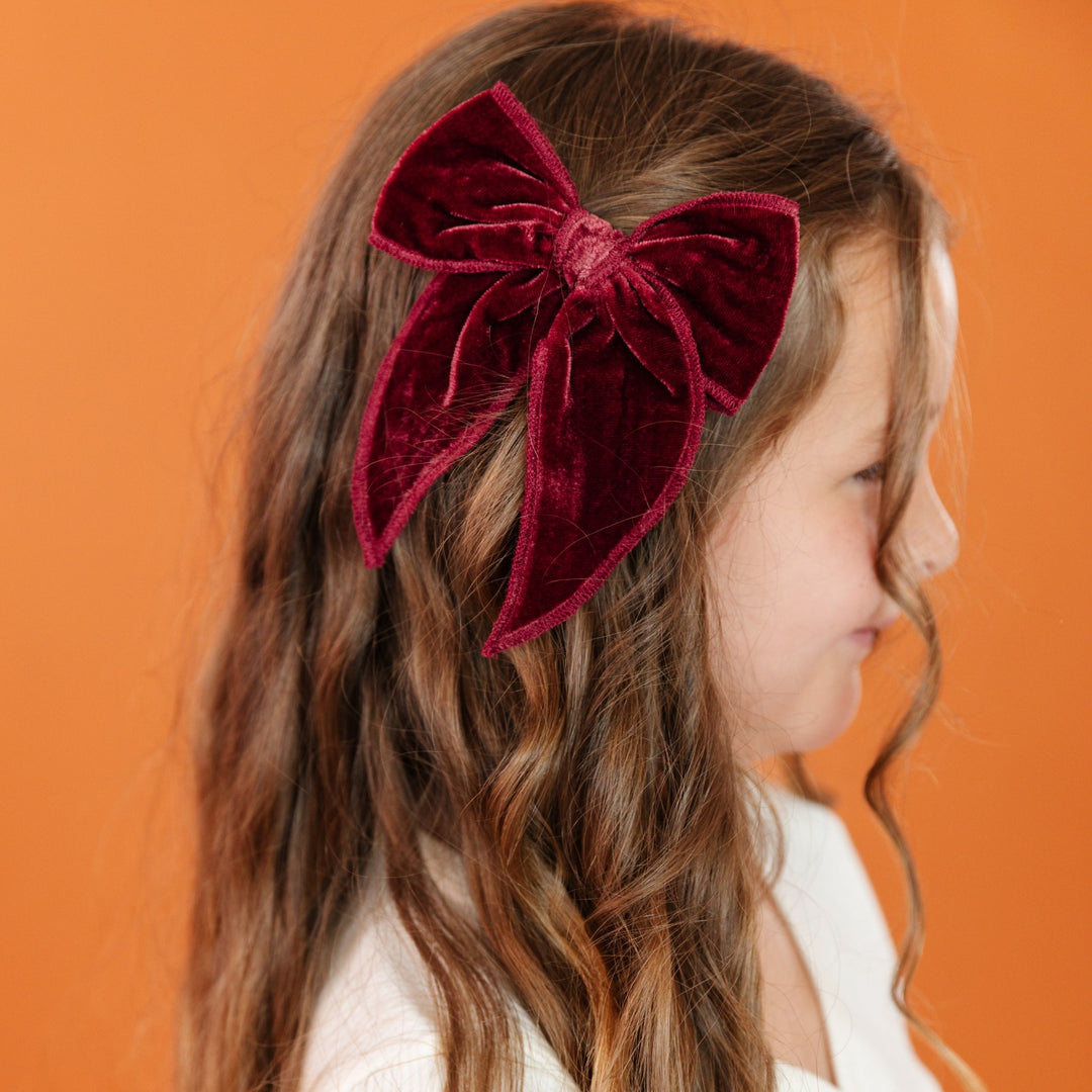 girls velvet bow on clip in fall burgundy