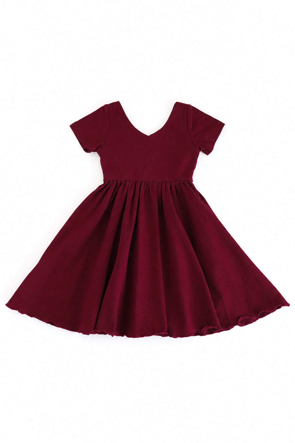 girls' solid burgundy cotton blend twirl dress with v-shaped neckline and lettuce trim skirt