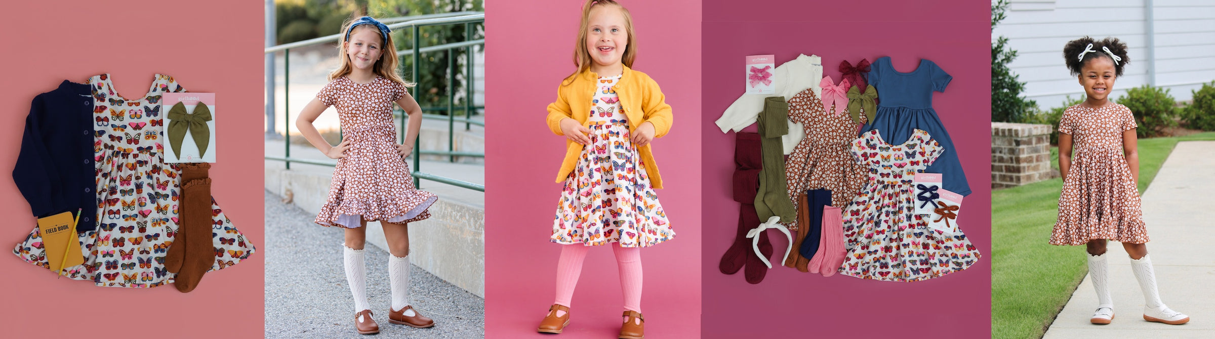 collage of little girls outfits with multicolored butterfly dress