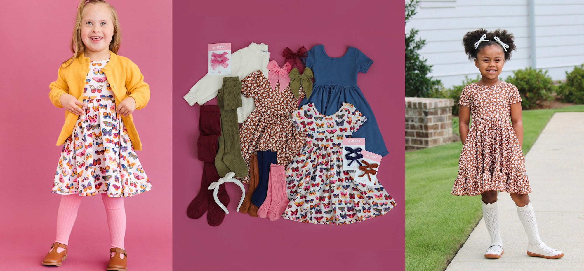 collage of little girls outfits with multicolored butterfly dress