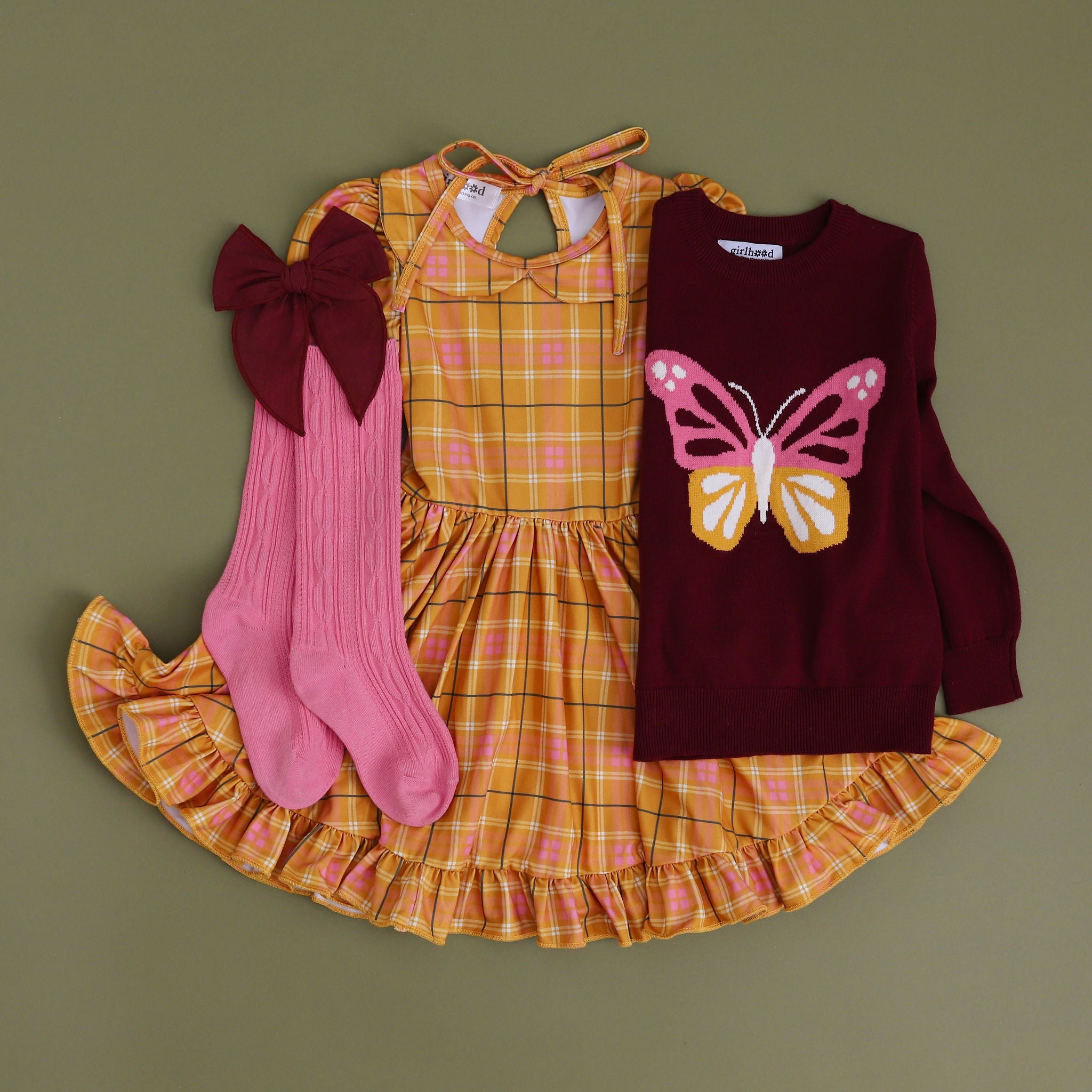 girls' yellow and pink plaid twirl dress with cute butterfly sweater and matching socks and hair bow