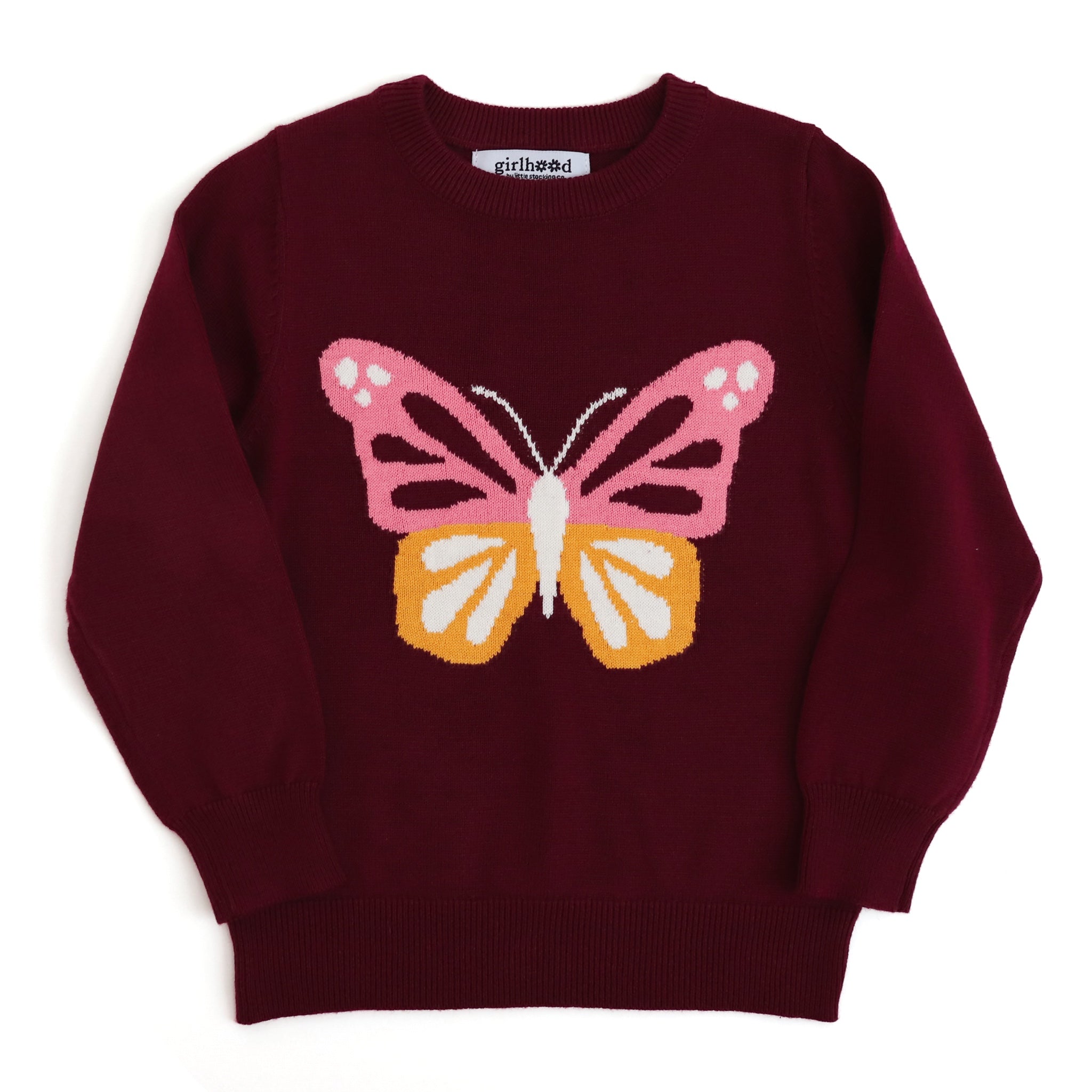 girls' butterfly pullover sweater in burgundy, pink and marigold