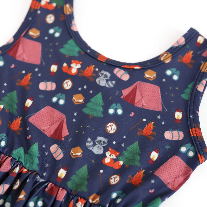 up close detail of cute camping themed print dress 
