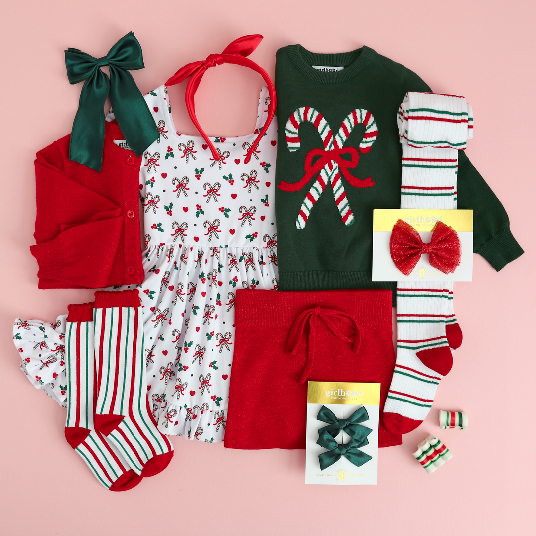 girls candy cane outfit with matching christmas accessories