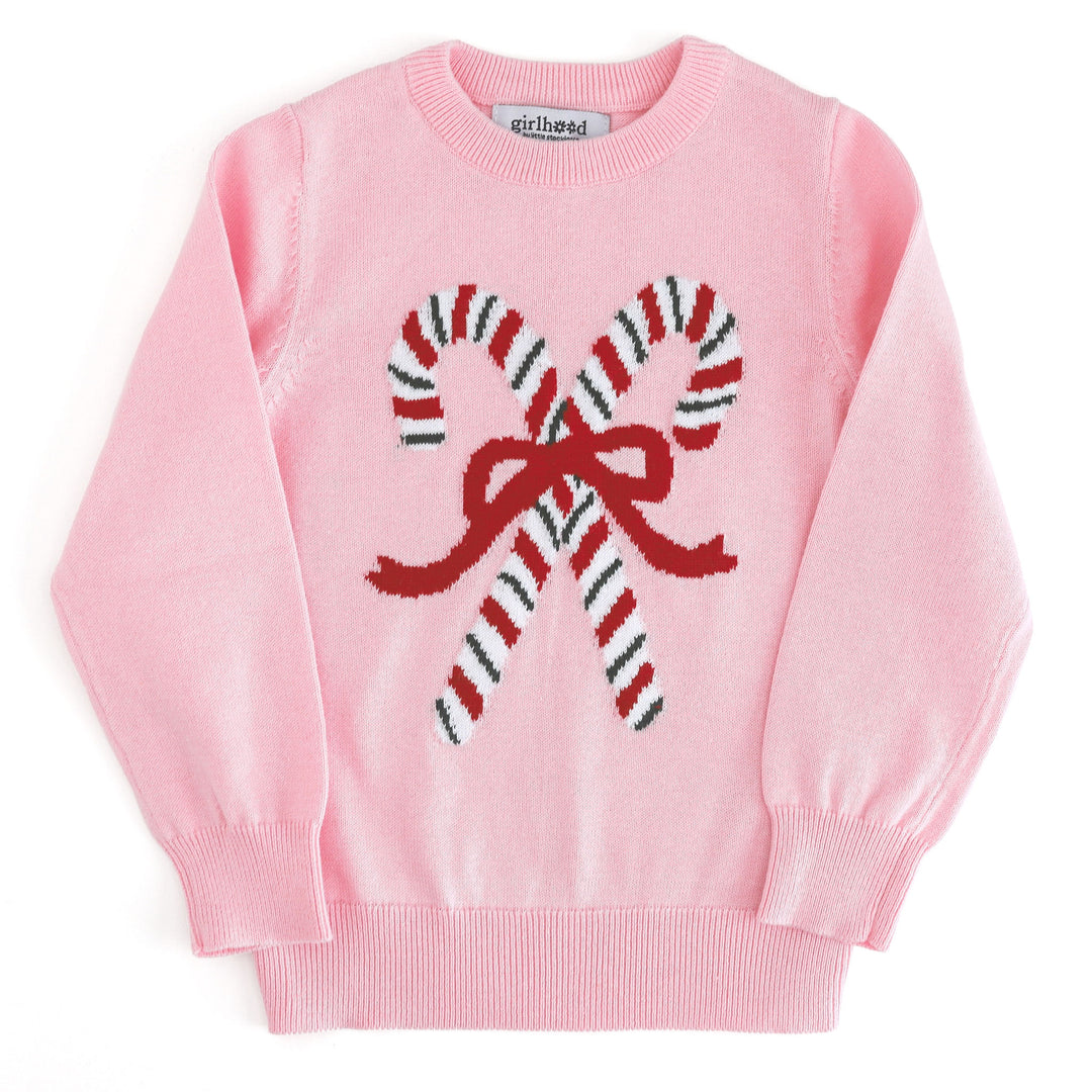 girls' pink cotton knit Christmas pullover sweater with red, white and green striped candy cane design