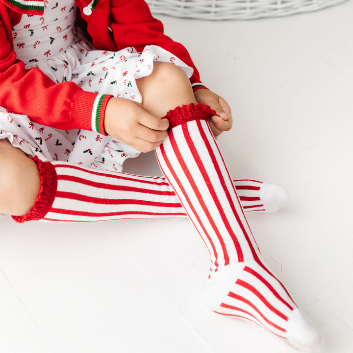 candy cane stripe knee high socks with lace for girls christmas