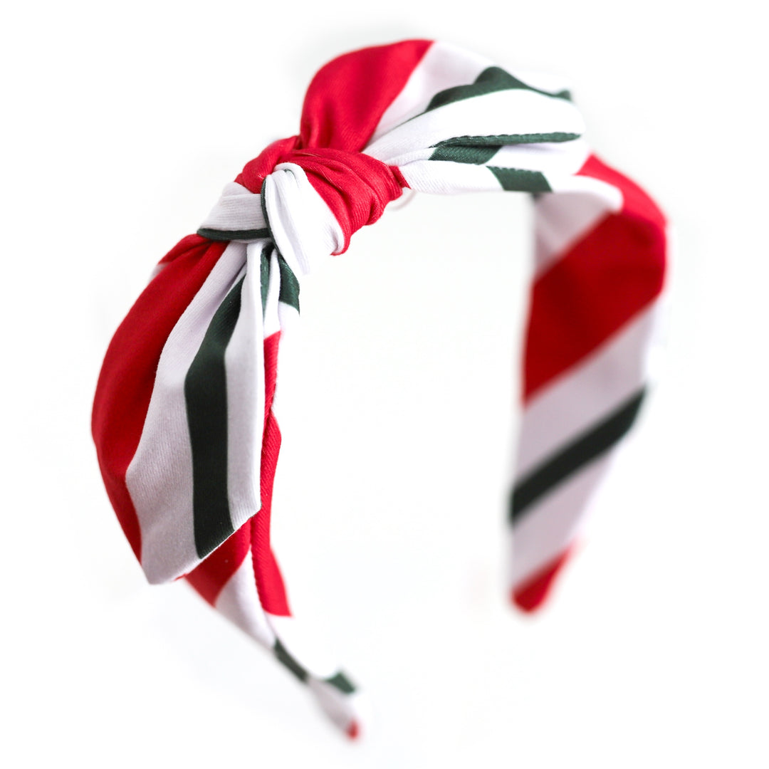 girls' red, white and green candy cane striped bow headband