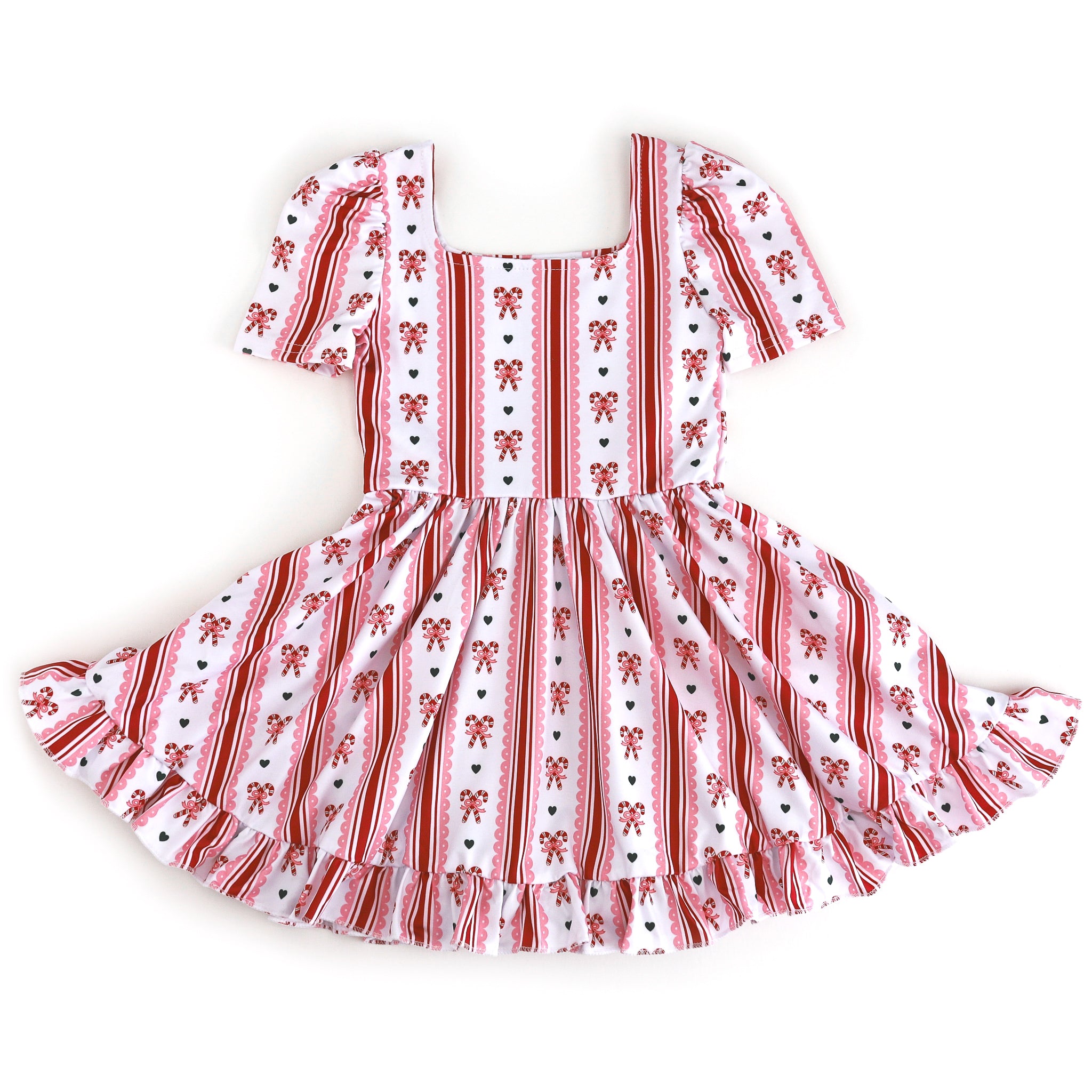 girls square neck short sleeve twirl dress with white base and red and pink candy cane print