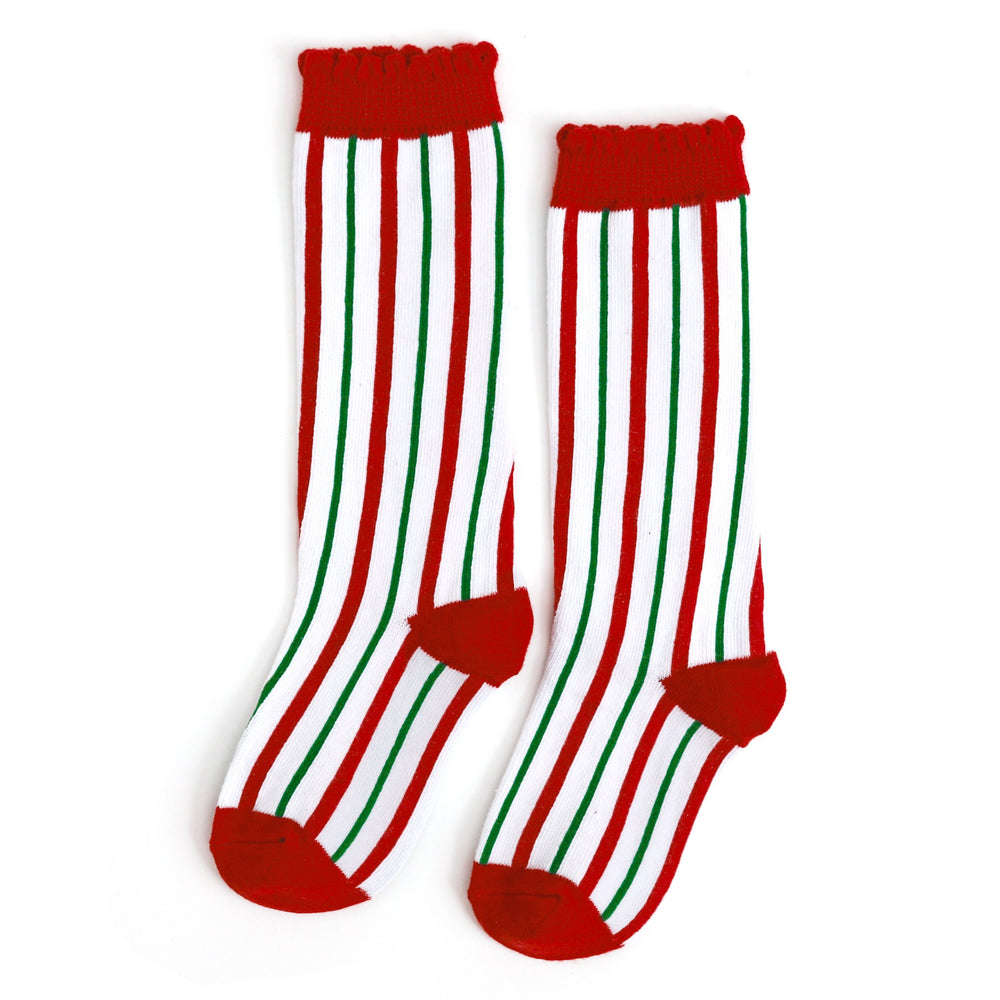 little girls knee high stock in classic red, white and green vertical striped pattern for holiday looks