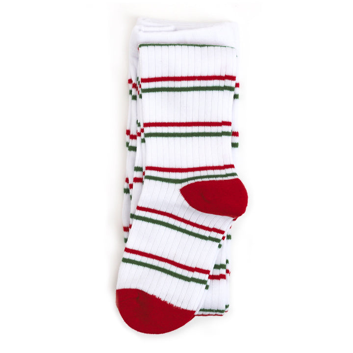 girls ribbed white tights with red and green stripes and red toe and heel accents