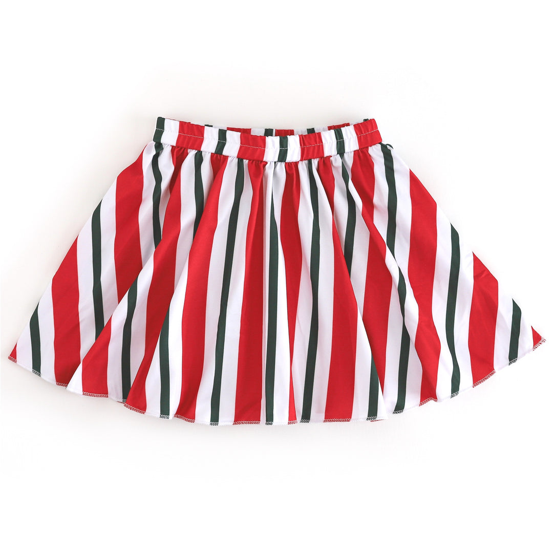 girls' candy cane inspired twirl skirt with red, green and white vertical stripes