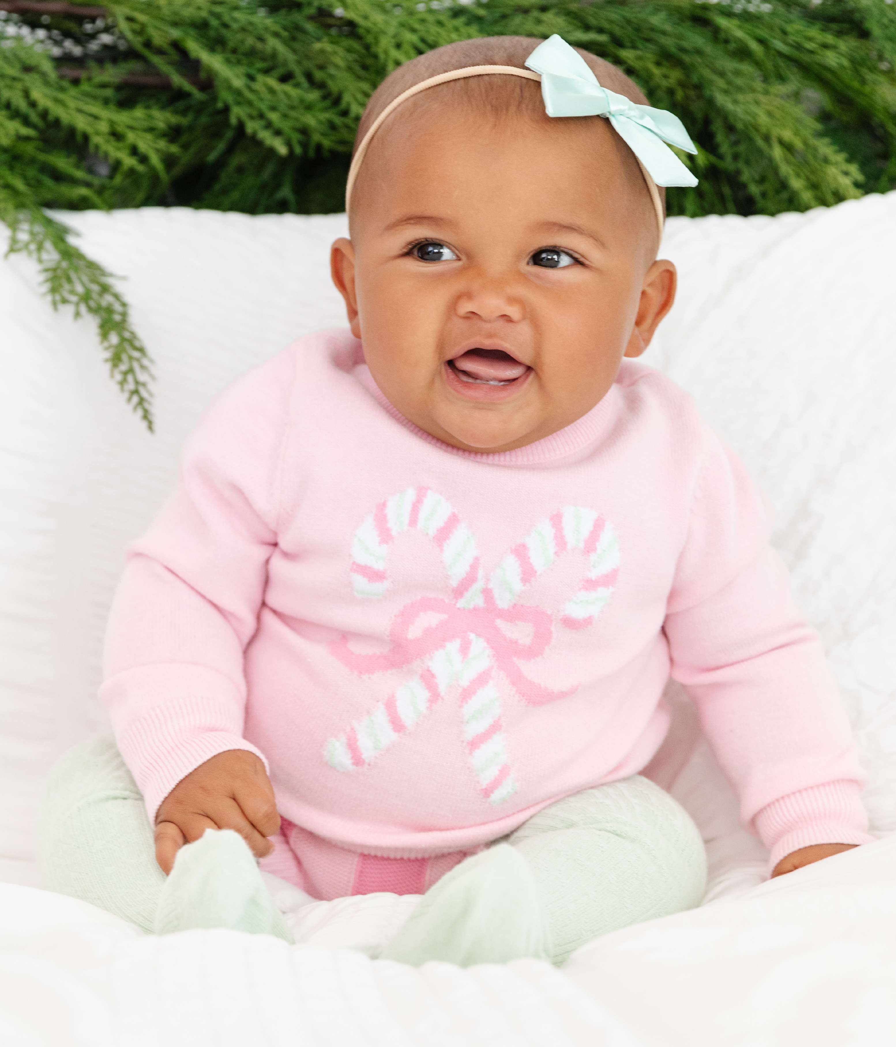 light pink candy cane knit pullover sweater with matching bloomers and satin bow headband for baby