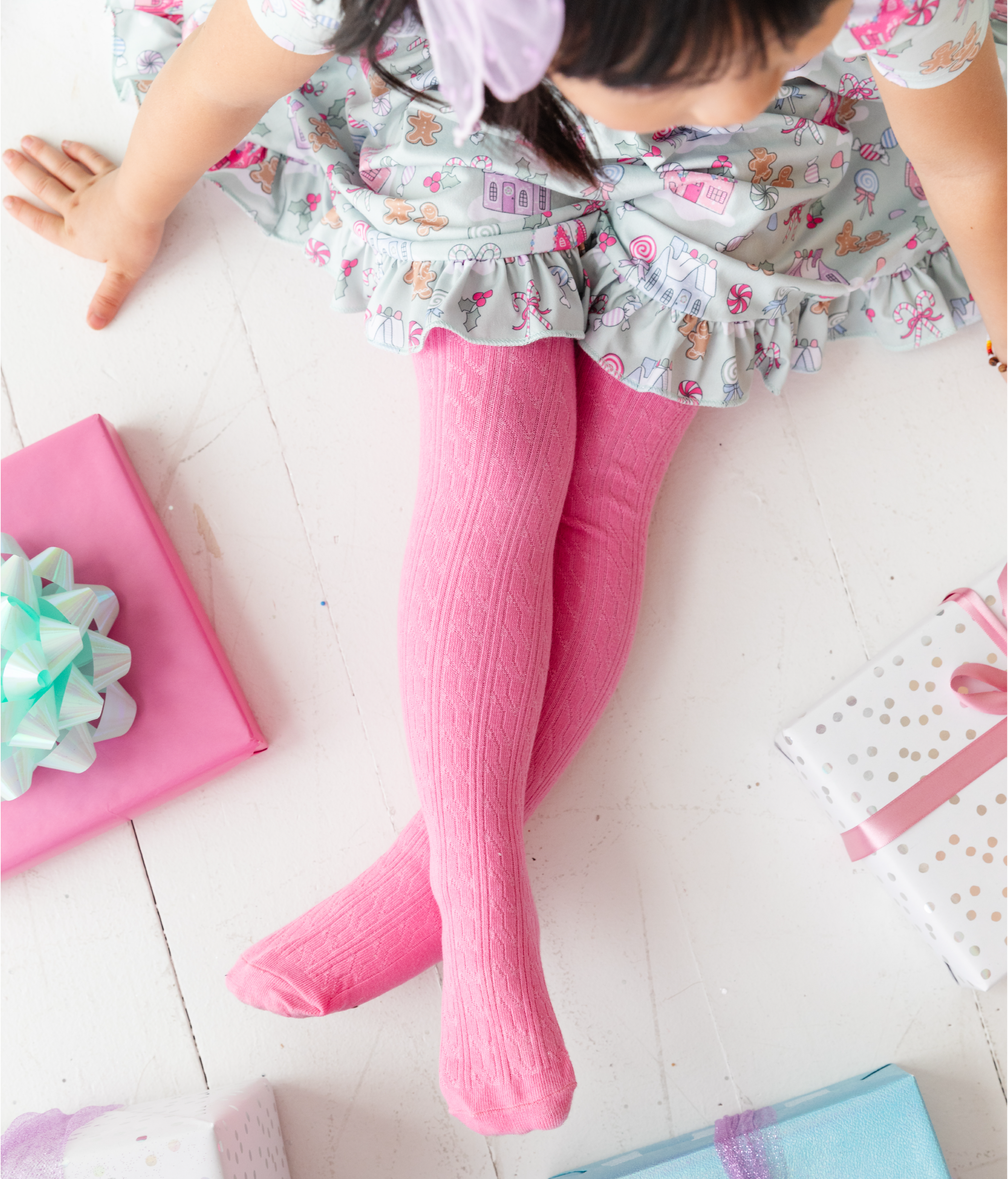 girls pink cable knit tights and matching Candyland pastel Christmas dress