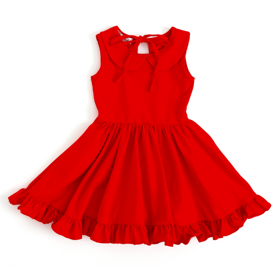 bright red cotton blend tank top style twirl dress with peter pan collar and pockets