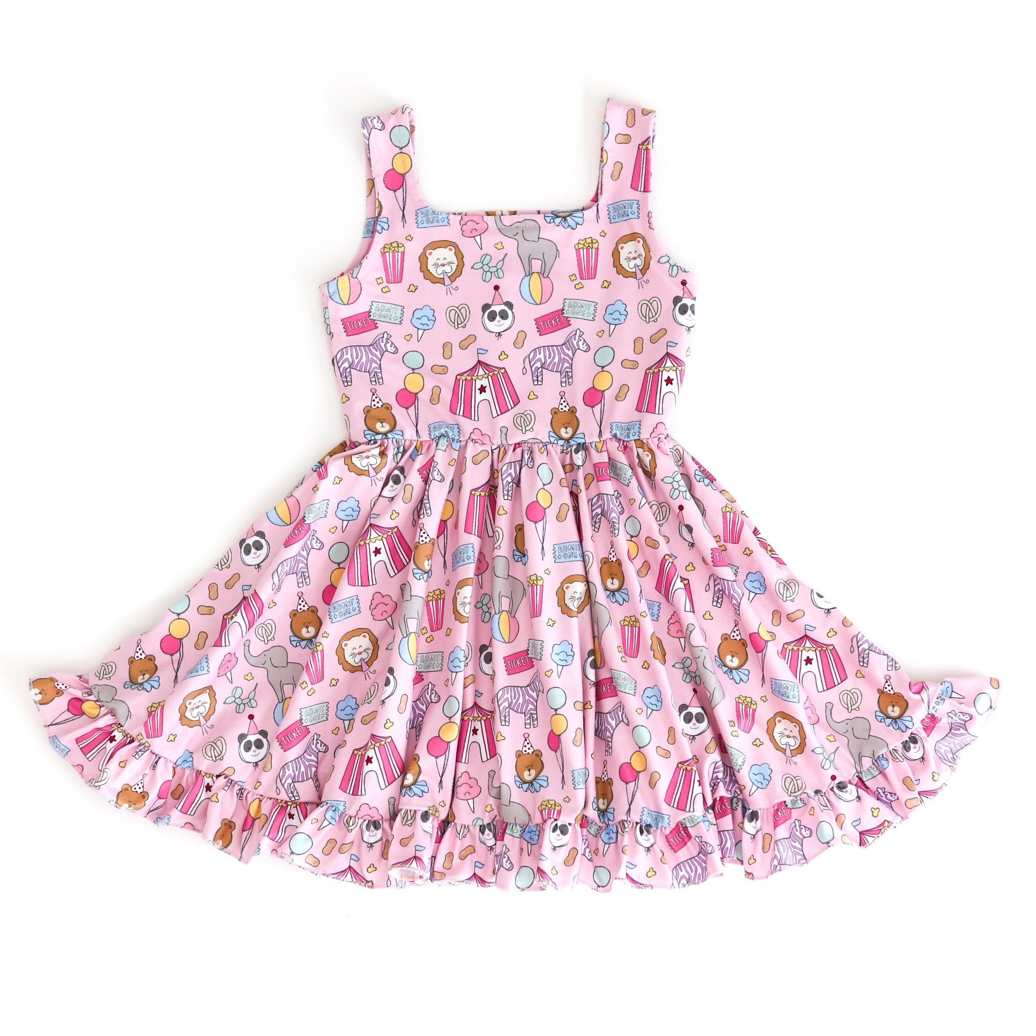 girls' pink sleeveless twirl dress with carnival themed print featuring square neckline and ruffle hem