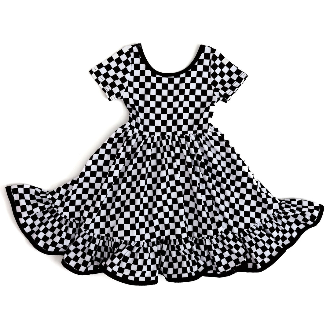 girls' short sleeve black and white checkered print twirl dress