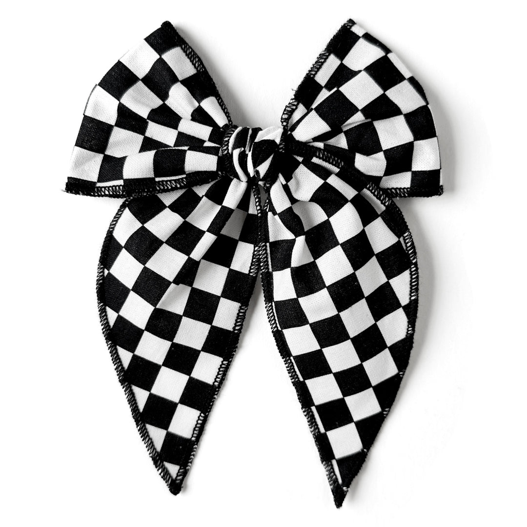 white and black checkered flag girls hair bow