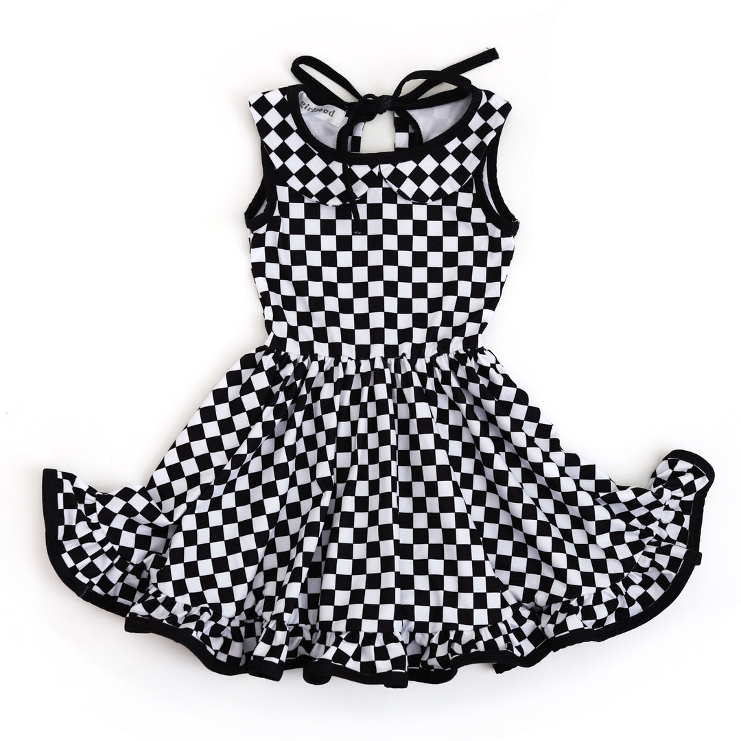 girls' black and white checkered tank top twirl dress