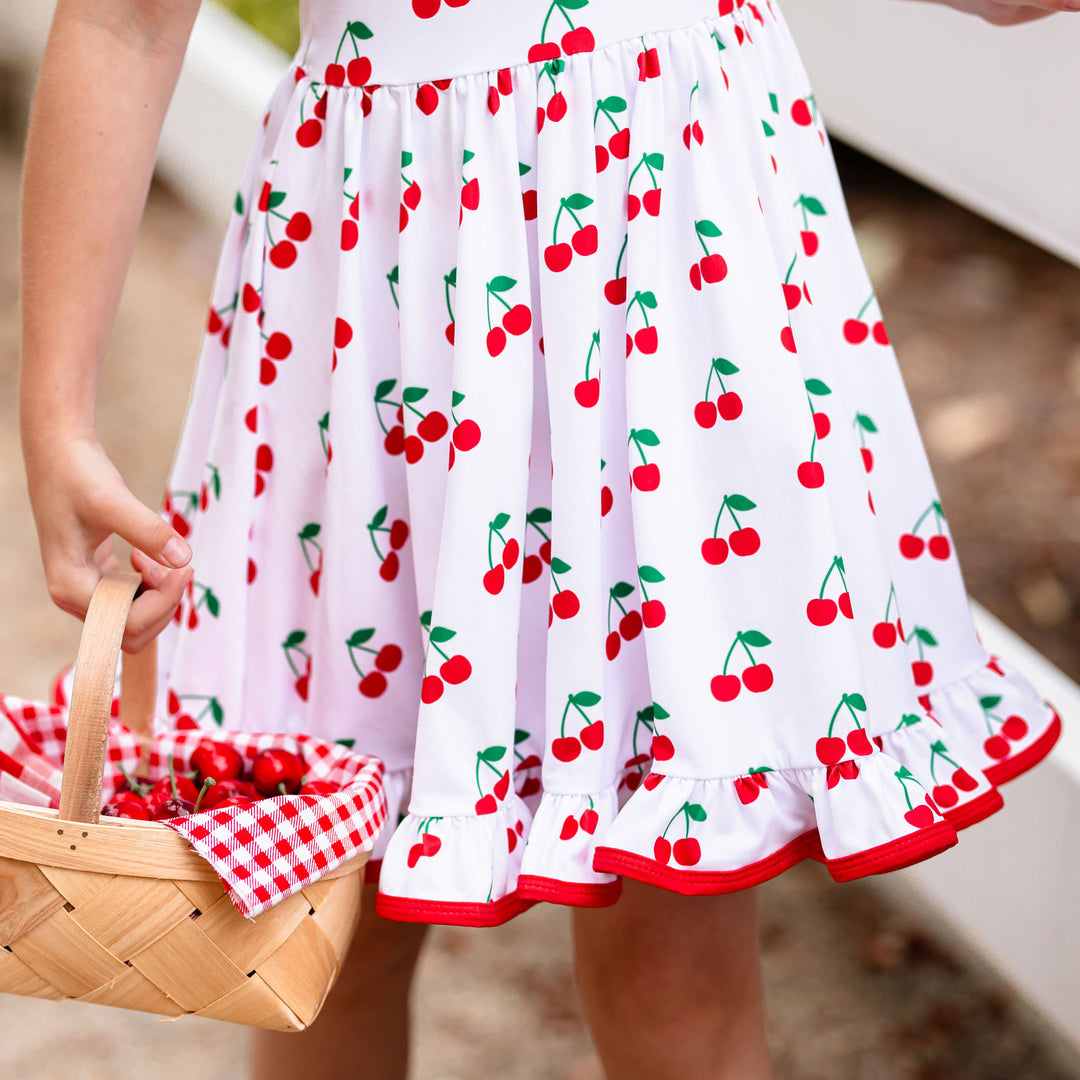 skirt detail of cherry print girls summer dress
