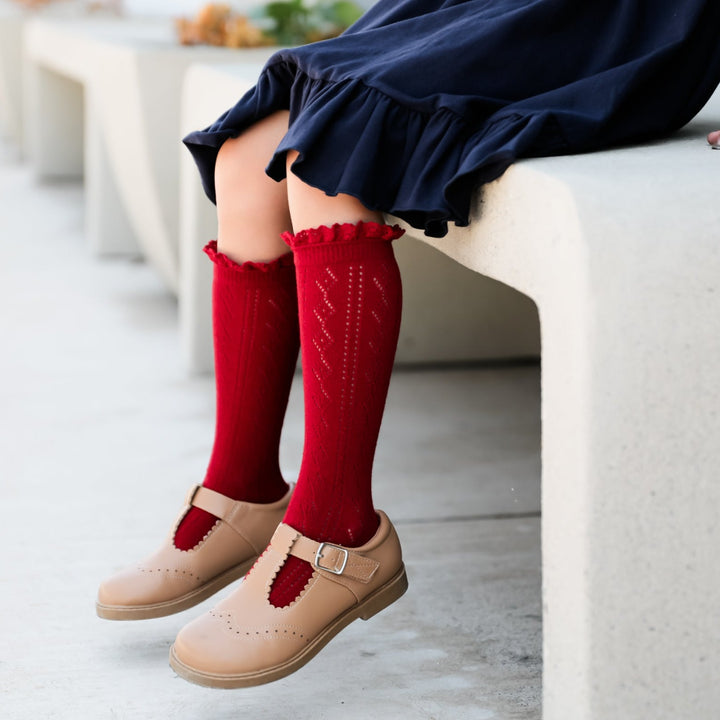cherry red fancy mesh knee high stockings for girls
