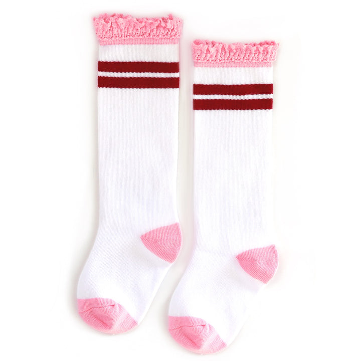 girls white knee high socks with two red stripes and pink lace trim for valentines day