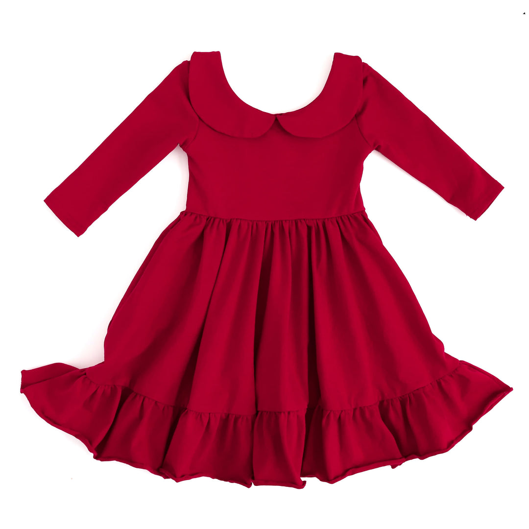 true red girls cotton twirl dress with peter pan collar and pockets