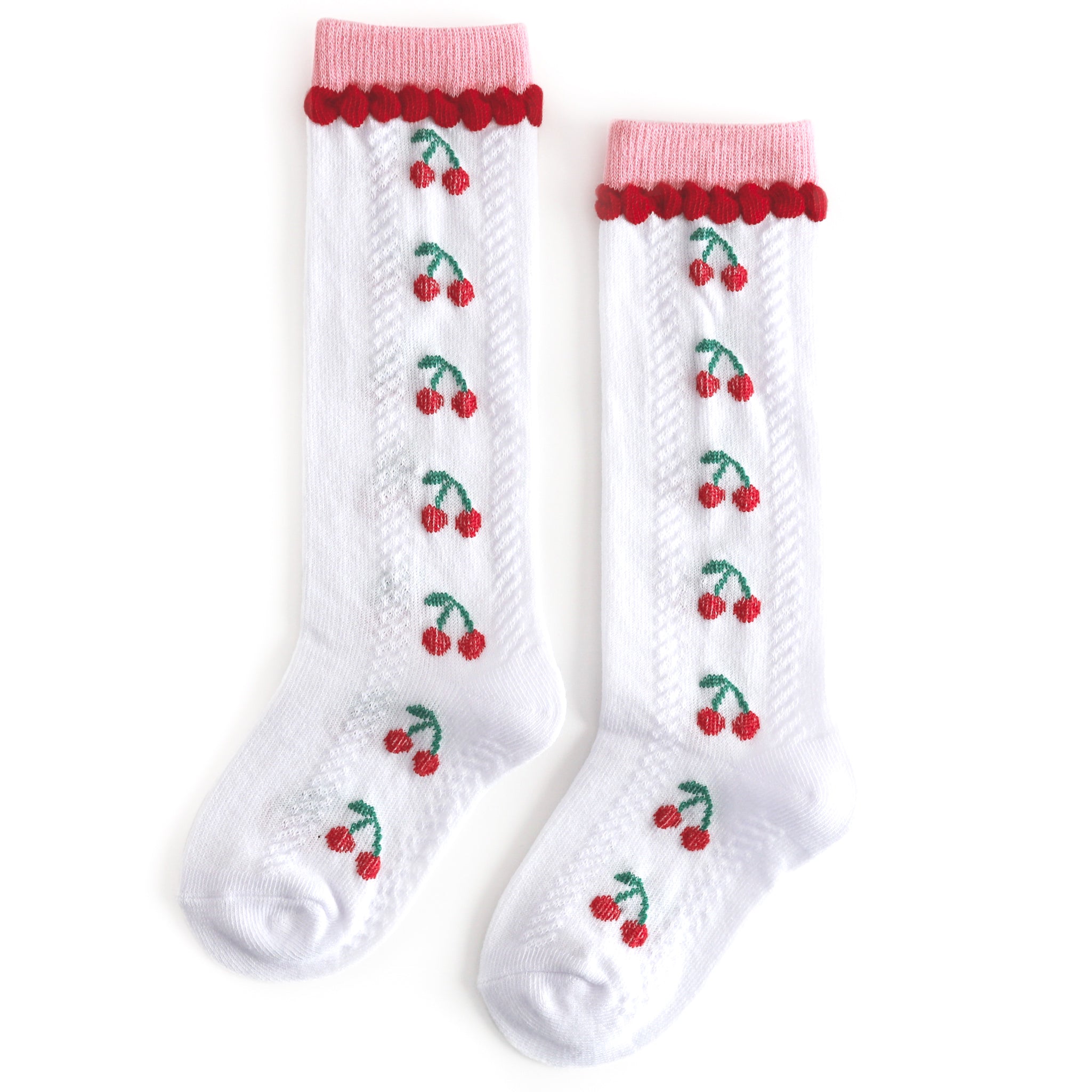 girls' white knee high socks with pink and red trim and cherry design 