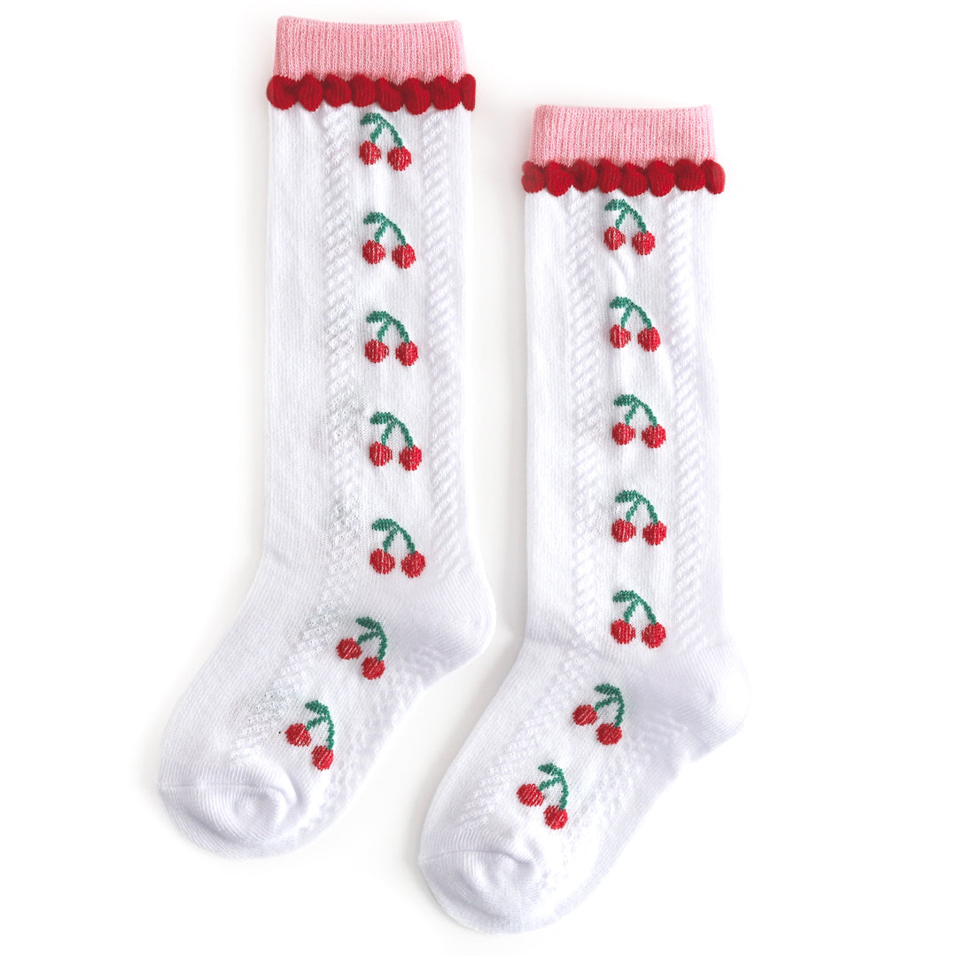 girls' white knee high socks with pink and red trim and cherry design 