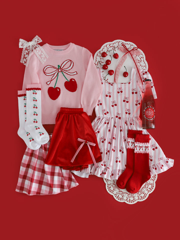 cherry themed fltalay with matches for girls' cherry sweater, socks and dress