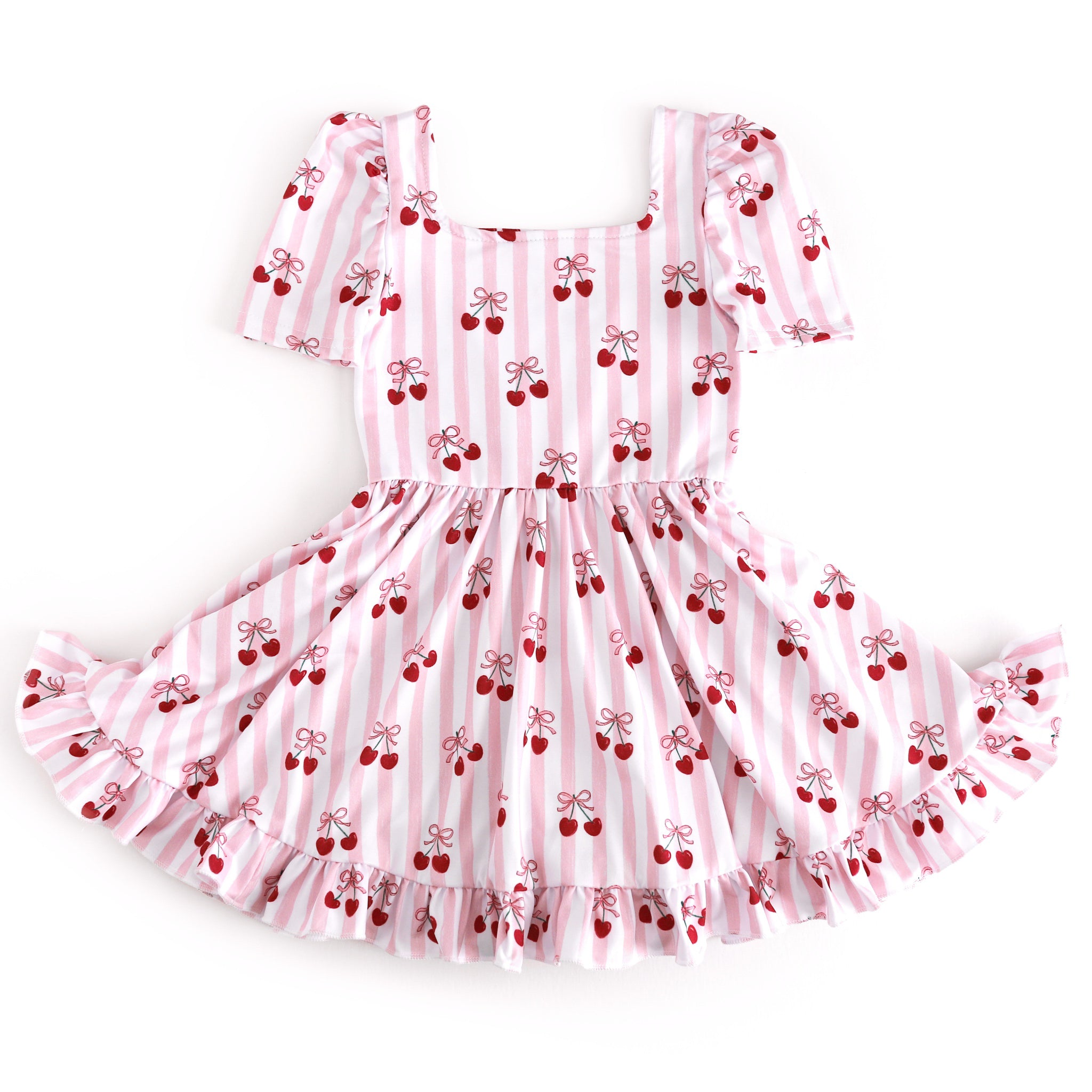 girls' short sleeve, square neck twirl dress with pink and white vertical stripes and cherries tied with bows 