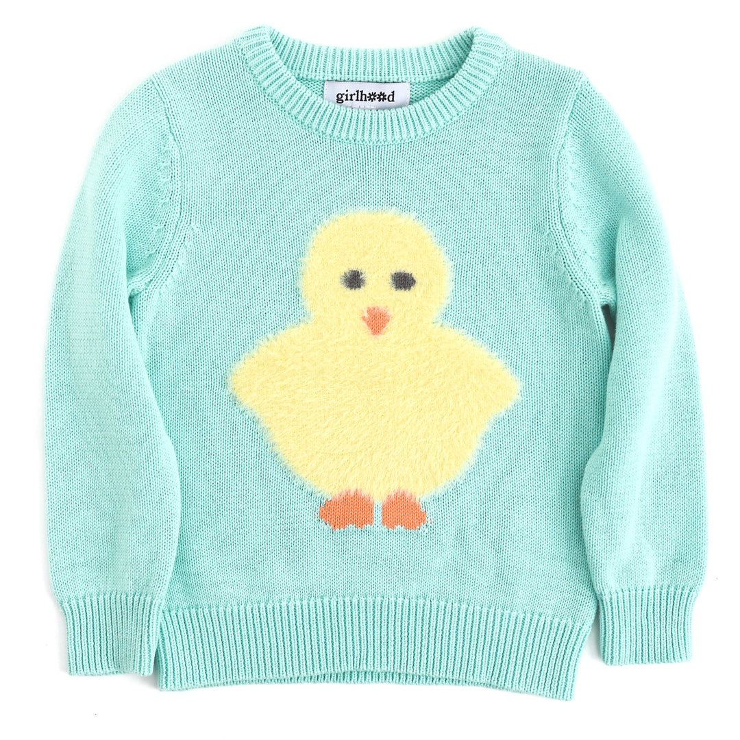 aqua blue knit sweater with cute fuzzy yellow chick design