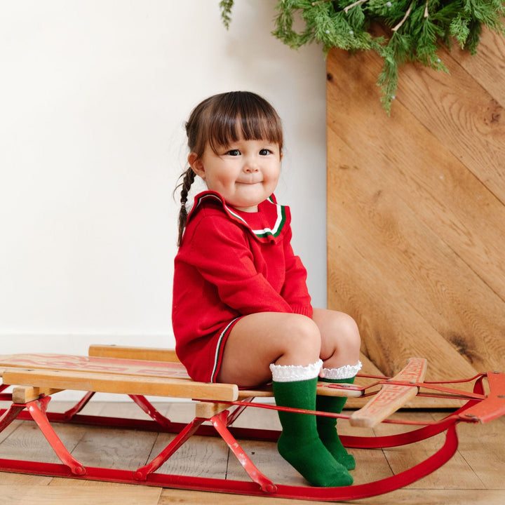 toddler girl christmas romper with matching knee high socks