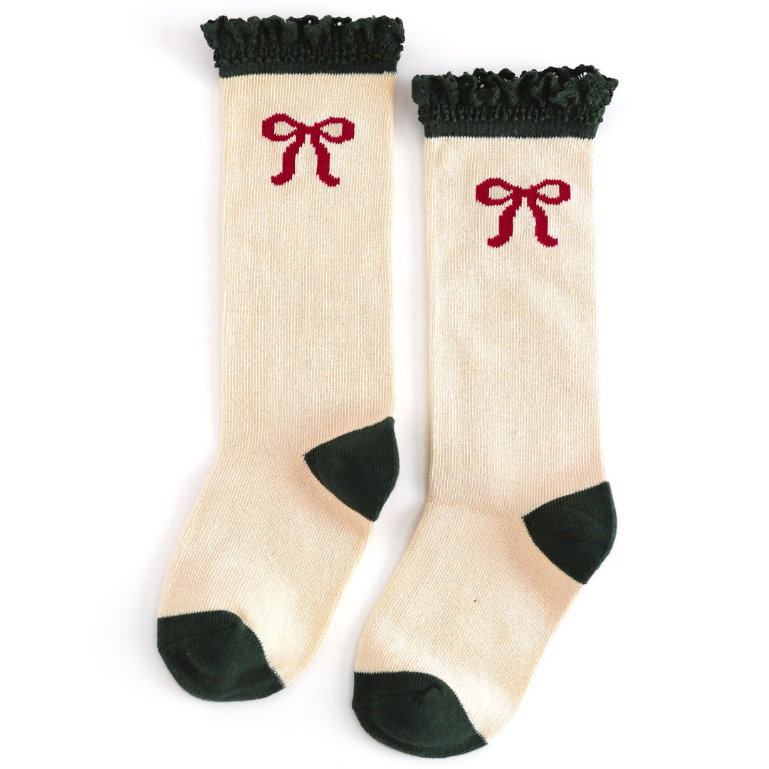 Girls Christmas Bow knee high socks with lace