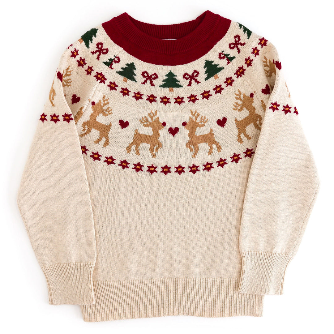 girls cream Christmas sweater with crimson and forest green fair isle reindeer and pine tree print at the neckline
