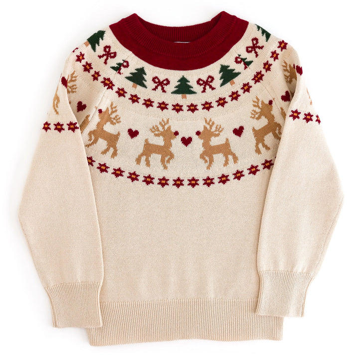girls cream Christmas sweater with crimson and forest green fair isle reindeer and pine tree print at the neckline