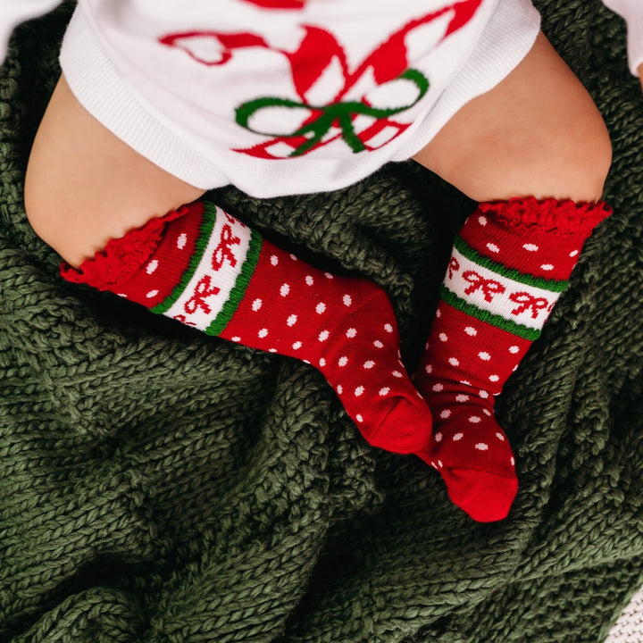 vintage inspired christmas knee high socks on baby girl