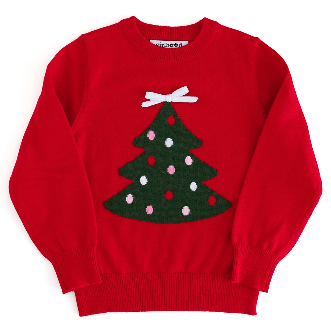girls' classic red cotton knit pullover sweater with dark green Christmas tree design and white knit 3-D bow tree topper