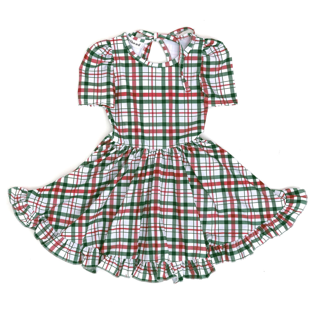 white, green and red christmas plaid twirl dress for little girls