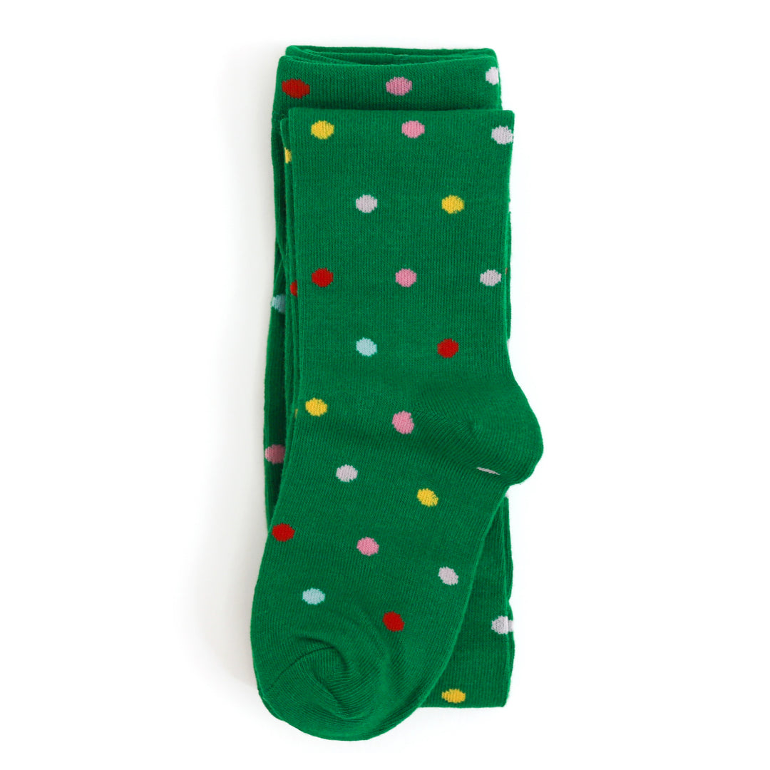 little girls green Christmas tights with multicolor festive polka dots