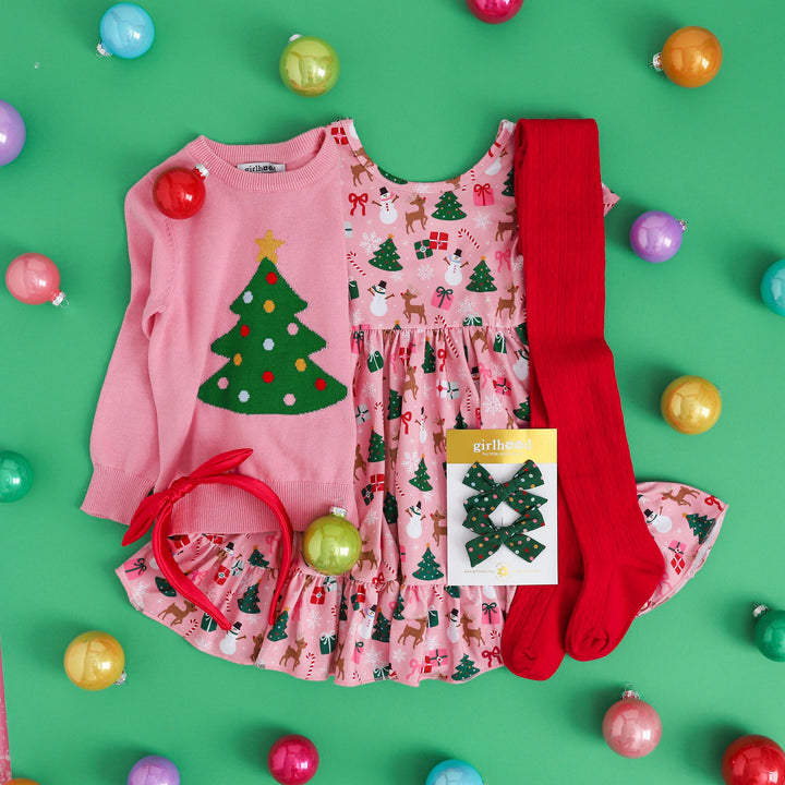 girls christmas print dress with matching tree sweater and red tights