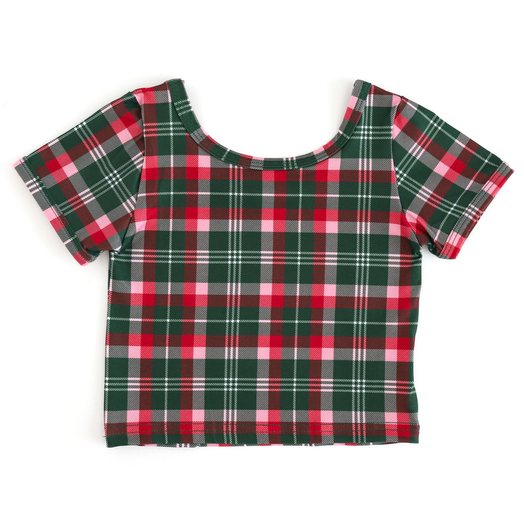 girls plaid Christmas fitted top in shades of green, pink and red
