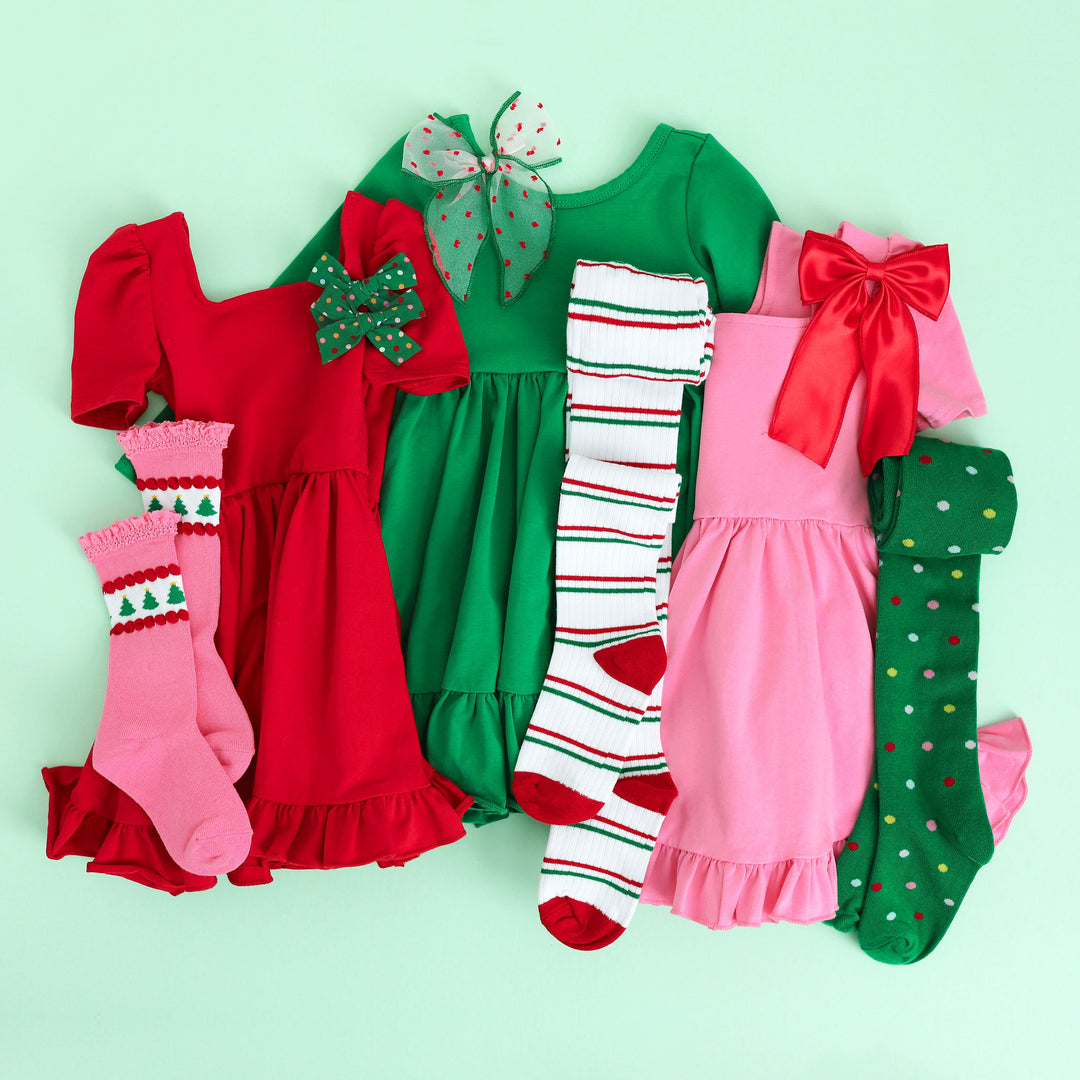 girls christmas cotton solids with matching tights and bows